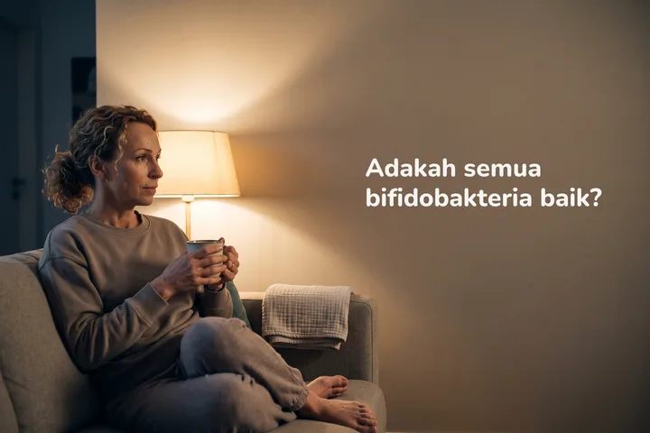 Adakah semua bifidobakteria baik? — seorang wanita lewat 20-an duduk dengan cawan di sofa dalam cahaya lampu