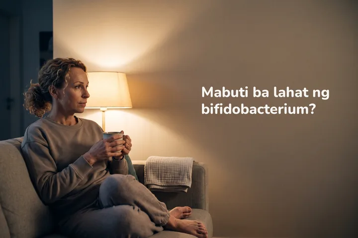 Mabuti ba lahat ng bifidobacterium? — babaeng bandang tatlumpu, nakaupo sa sofa may tasa sa ilaw ng lampara
