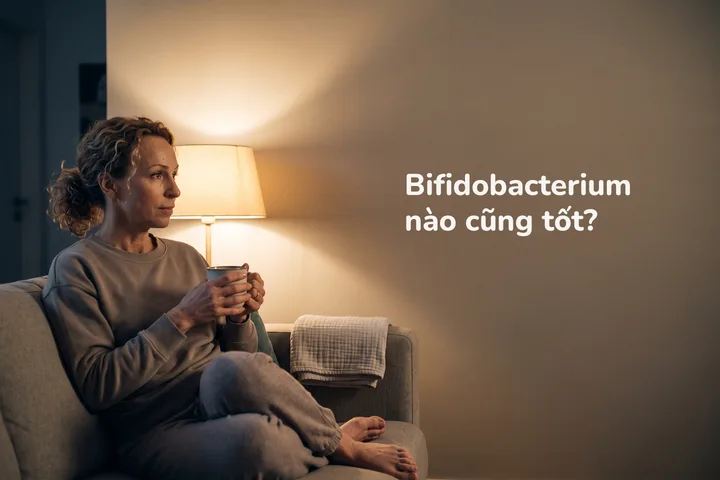 Bifidobacterium nào cũng tốt? — một phụ nữ gần ba mươi ngồi trên ghế sofa với tách trà dưới ánh đèn