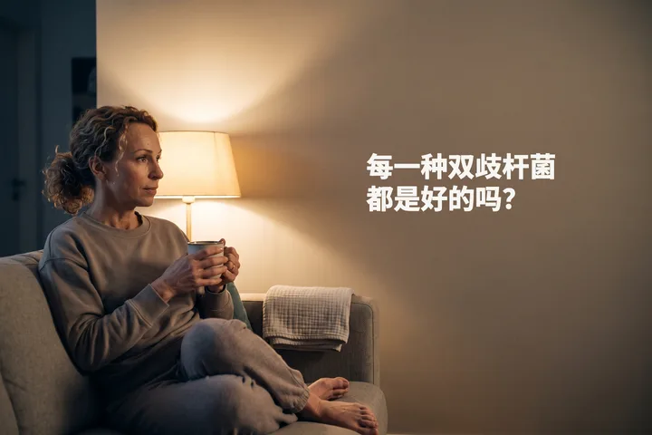 每一种双歧杆菌都是好的吗？ — 一位快三十岁的女性在台灯光里端着马克杯坐在沙发上
