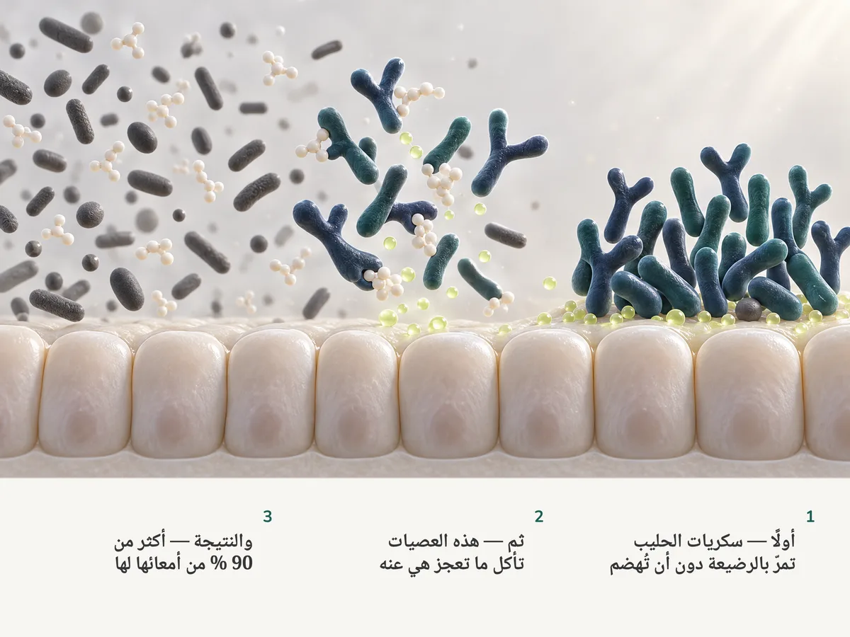 رسم توضيحي: سكريات الحليب تمرّ ببطانة أمعاء الرضيع دون أن تُمسّ، وعصيات Bifidobacterium المتشعّبة تُخمّرها إلى قطرات أسيتات ليمونية اللون، وتسع عشرة خلية من كل عشرين إلى اليمين هي لها