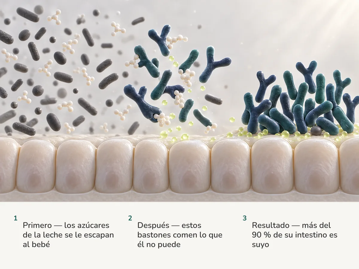 Ilustración: los azúcares de la leche pasan intactos junto a la mucosa intestinal del bebé, bastones bifurcados de Bifidobacterium los fermentan en gotas de acetato color lima, y a la derecha diecinueve de cada veinte células son suyas