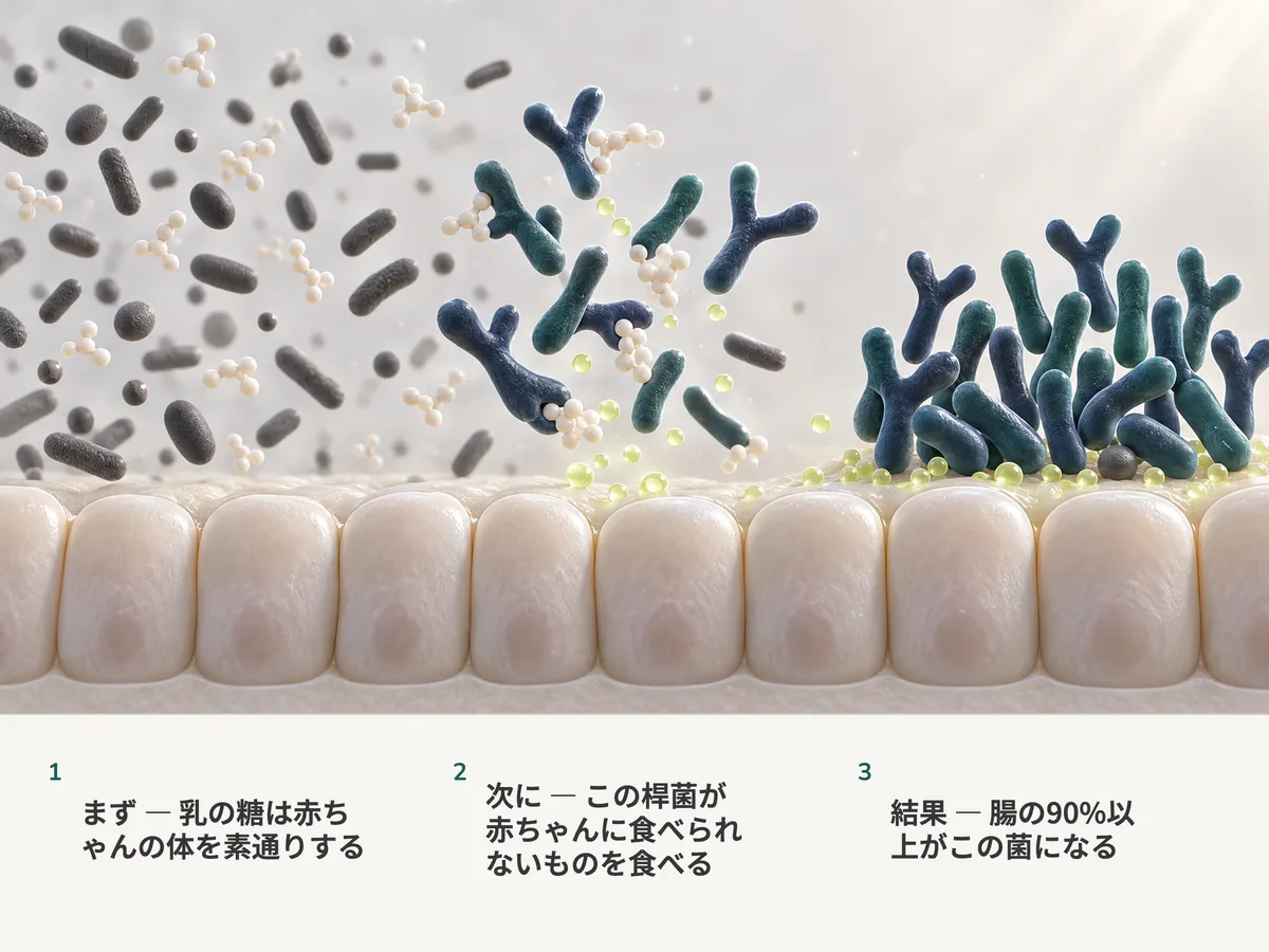 イラスト:乳の糖が乳児の腸の粘膜に触れられないまま通り過ぎ、枝分かれしたBifidobacteriumの桿菌がそれを発酵させてライム色の酢酸の滴に変え、右では20個の細胞のうち19個がこの菌である