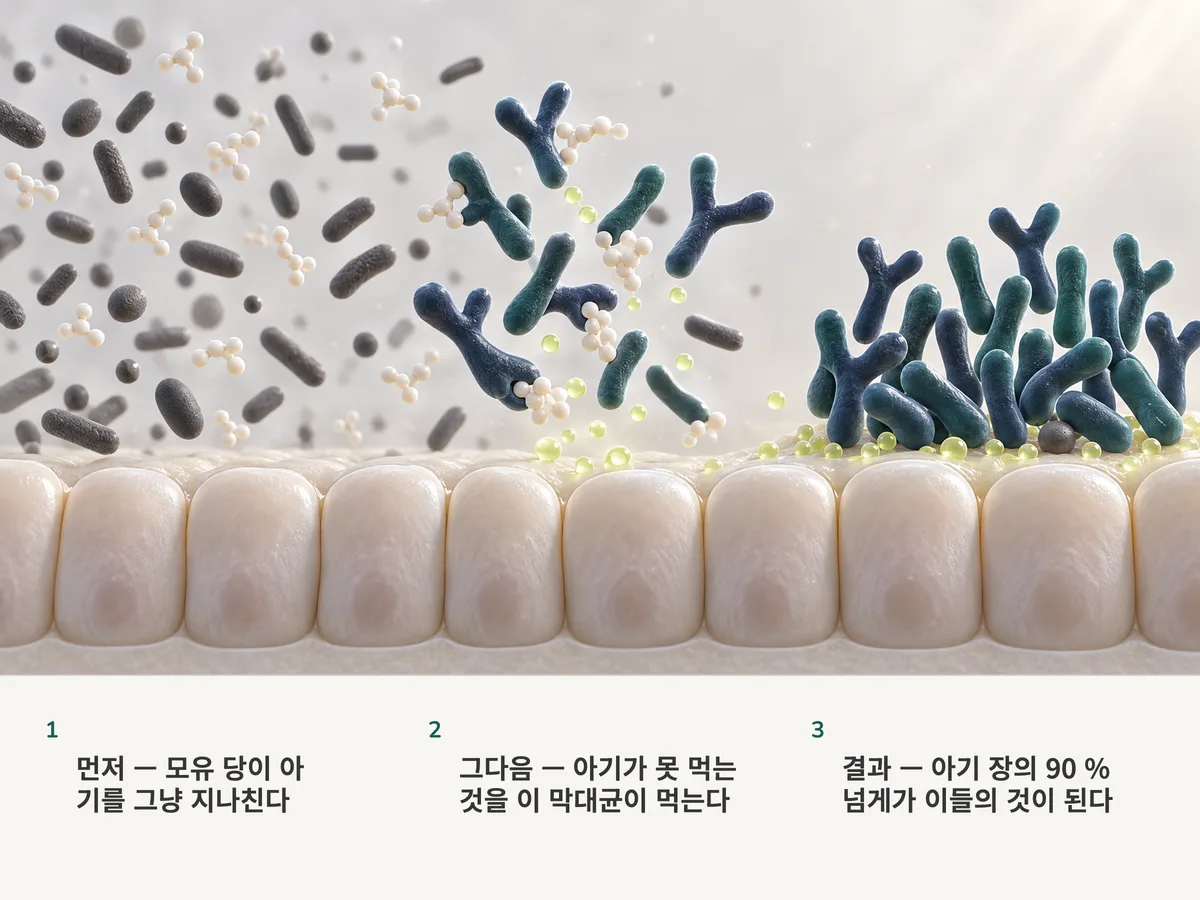 일러스트: 모유 당이 아기의 장 점막을 그대로 지나치고, Y자로 갈라진 Bifidobacterium 막대균들이 그것을 발효해 연둣빛 아세트산 방울로 만들며, 오른쪽 스무 개 세포 가운데 열아홉이 이들의 것이다