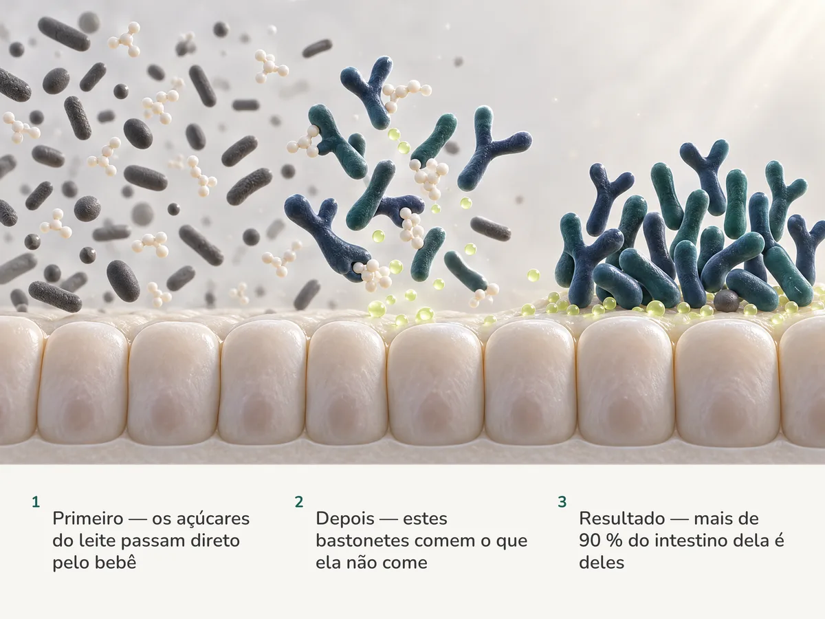 Ilustração: os açúcares do leite passam intocados pela mucosa intestinal do bebê, bastonetes bifurcados de Bifidobacterium os fermentam em gotas verde-limão de acetato, e dezenove de cada vinte células à direita são deles