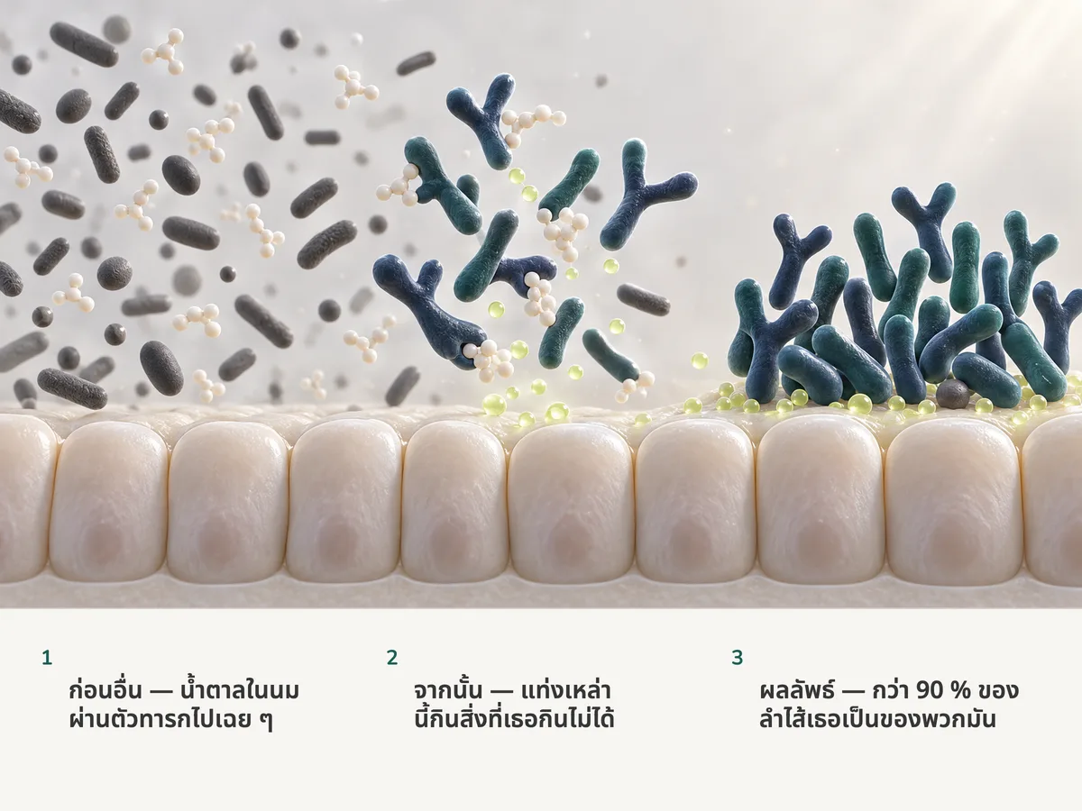 ภาพประกอบ: น้ำตาลในนมผ่านเยื่อบุลำไส้ของทารกไปโดยไม่ถูกแตะต้อง แท่ง Bifidobacterium ปลายแยกสองแฉกหมักมันเป็นหยดอะซิเตตสีเขียวมะนาว และสิบเก้าในยี่สิบเซลล์ทางขวาเป็นของพวกมัน