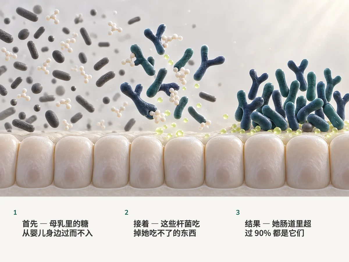 插画：母乳里的糖原封不动地经过婴儿肠壁，分叉的双歧杆菌把它们发酵成青柠色的乙酸液滴，右侧二十个细胞里有十九个是它们的