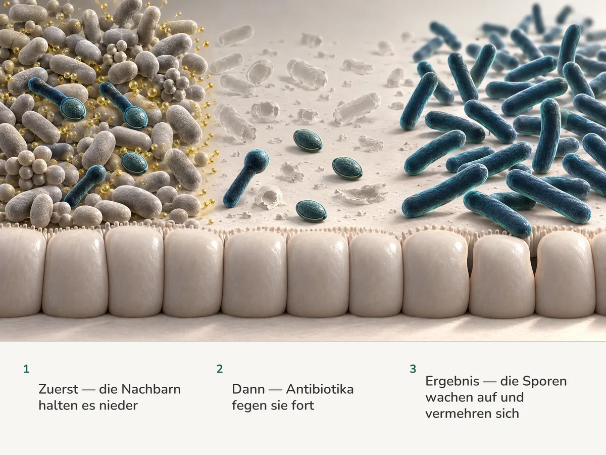 Illustration: schlafende Sporen liegen unter goldenem Dunst zwischen Darmbewohnern; sind die Nachbarn fortgefegt, öffnen sich die Sporen zu Stäbchen, die sich vermehren und die Nähte der Schleimhaut lockern