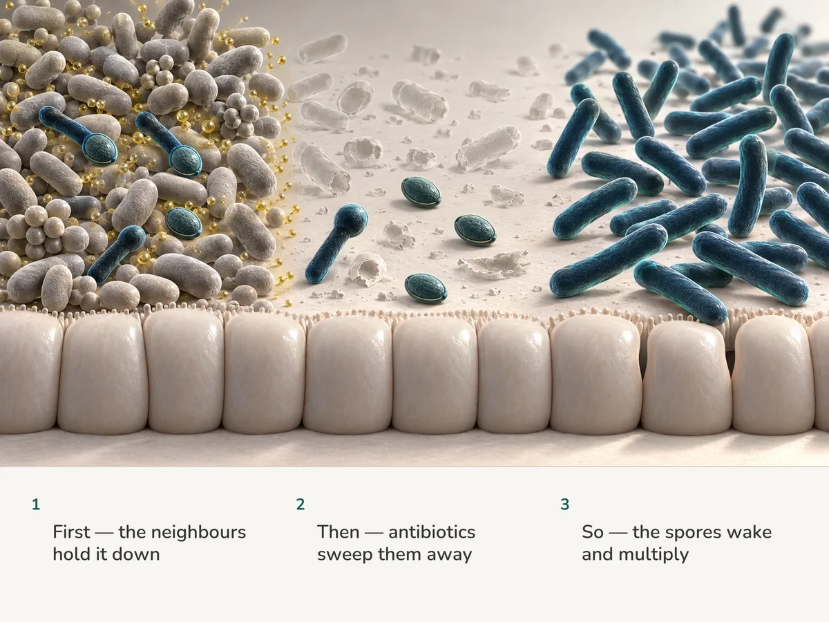 Illustration: dormant spores sit among gut residents under a gold mist; once the residents are swept away, the spores open into rods that multiply and loosen the lining's seams