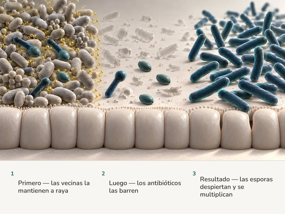 Ilustración: esporas latentes reposan entre residentes intestinales bajo una neblina dorada; barridos los vecinos, las esporas se abren en bastones que se multiplican y aflojan las costuras de la mucosa