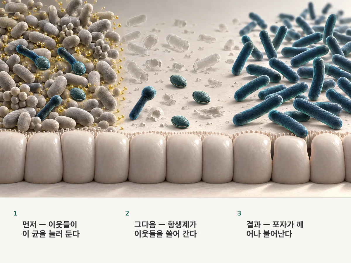 일러스트: 금빛 안개 아래 장의 상주균들 사이에 잠든 포자들이 앉아 있고, 상주균이 쓸려 나가자 포자가 열려 막대균이 되어 불어나며 점막의 이음매를 느슨하게 만든다