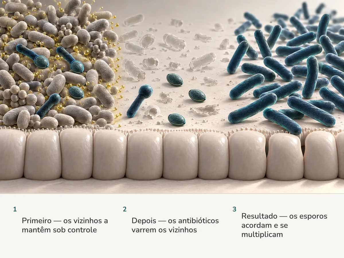 Ilustração: esporos dormentes ficam entre os moradores do intestino sob uma névoa dourada; depois que os moradores são varridos, os esporos se abrem em bastonetes que se multiplicam e afrouxam as costuras da mucosa
