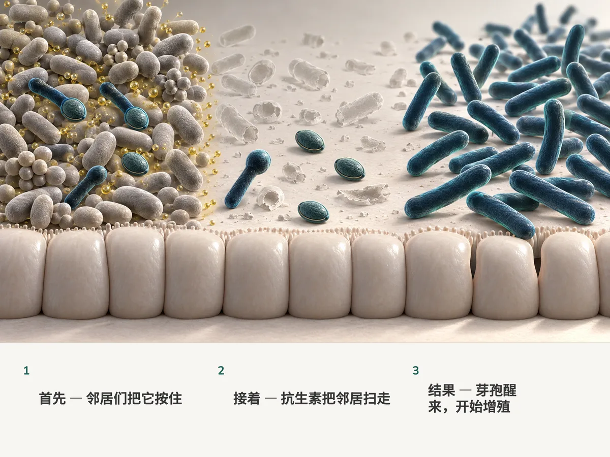 插画：休眠的芽孢在金色薄雾下待在肠道住户之间；住户被清走之后，芽孢张开，长成不断增殖的杆菌，把肠壁的接缝一道道撬松