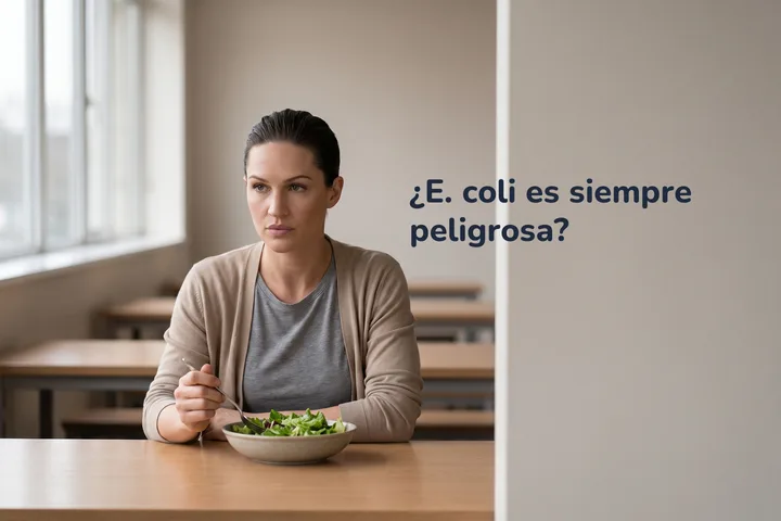 ¿E. coli es siempre peligrosa? — una mujer de treinta y tantos detiene el tenedor sobre un plato de ensalada