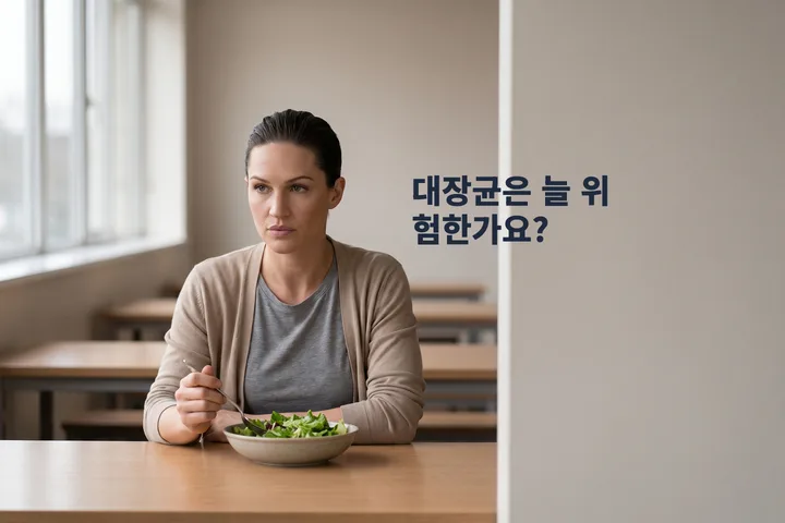 대장균은 늘 위험한가요? — 서른 무렵의 여자가 구내식당 식탁에서 샐러드 그릇 위에 포크를 든 채 멈춘다