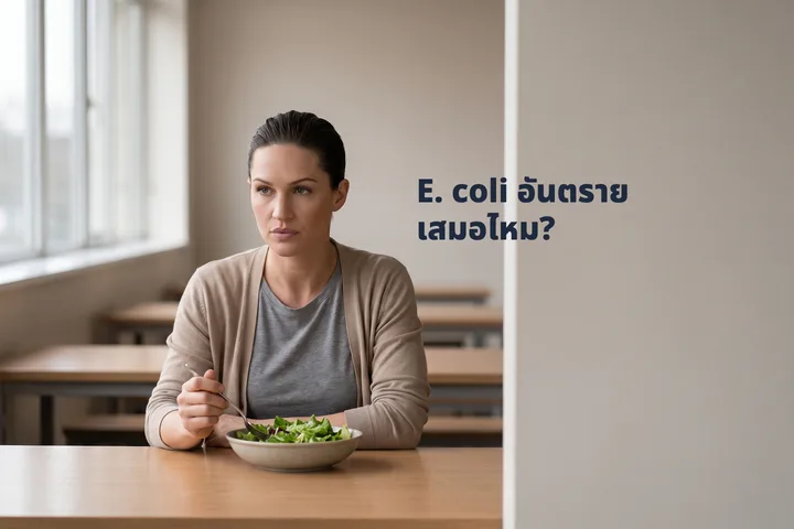 E. coli อันตรายเสมอไหม? — หญิงวัยสามสิบหยุดส้อมไว้เหนือชามสลัดบนโต๊ะในโรงอาหาร