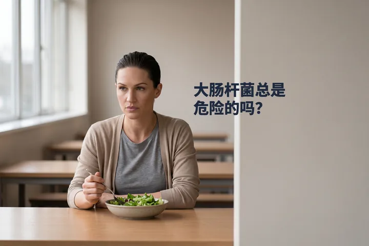 大肠杆菌总是危险的吗？ — 一位三十多岁的女性在食堂餐桌旁，叉子停在一碗沙拉上方
