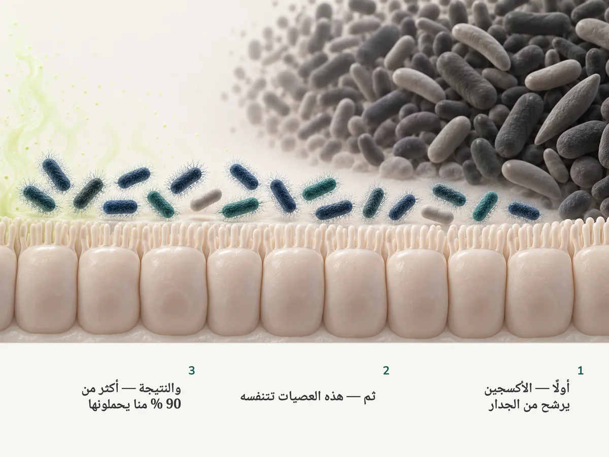 رسم توضيحي: آثار أكسجين تصعد من الغشاء المبطِّن للأمعاء، وعصيات E. coli المهدّبة بجانبه تلتقطها، وخلفها تزدحم اللاهوائيات الصارمة في الفراغ الخالي من الهواء
