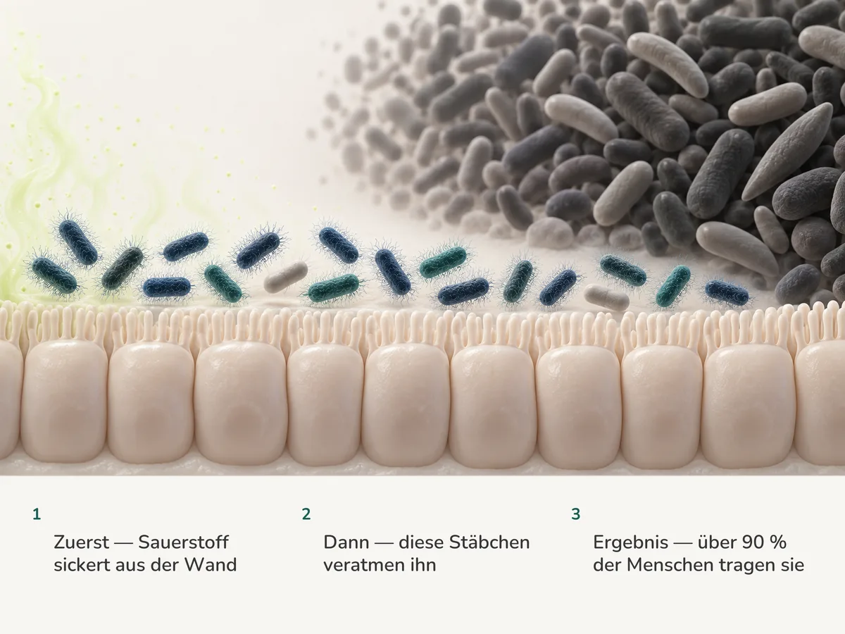 Illustration: Spuren von Sauerstoff steigen von der Darmschleimhaut auf, die bewimperten E.-coli-Stäbchen daneben nehmen sie auf, und dahinter füllen strenge Anaerobier den luftlosen Raum