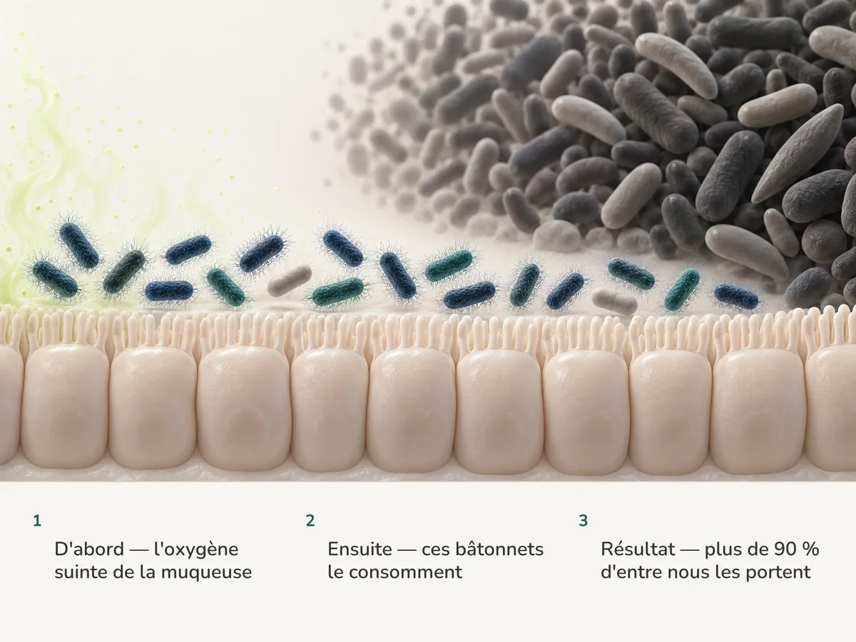 Illustration : des traces d'oxygène montent de la muqueuse intestinale, des bâtonnets frangés d'E. coli les captent juste à côté, et au-delà d'eux des anaérobies strictes se pressent dans l'espace sans air