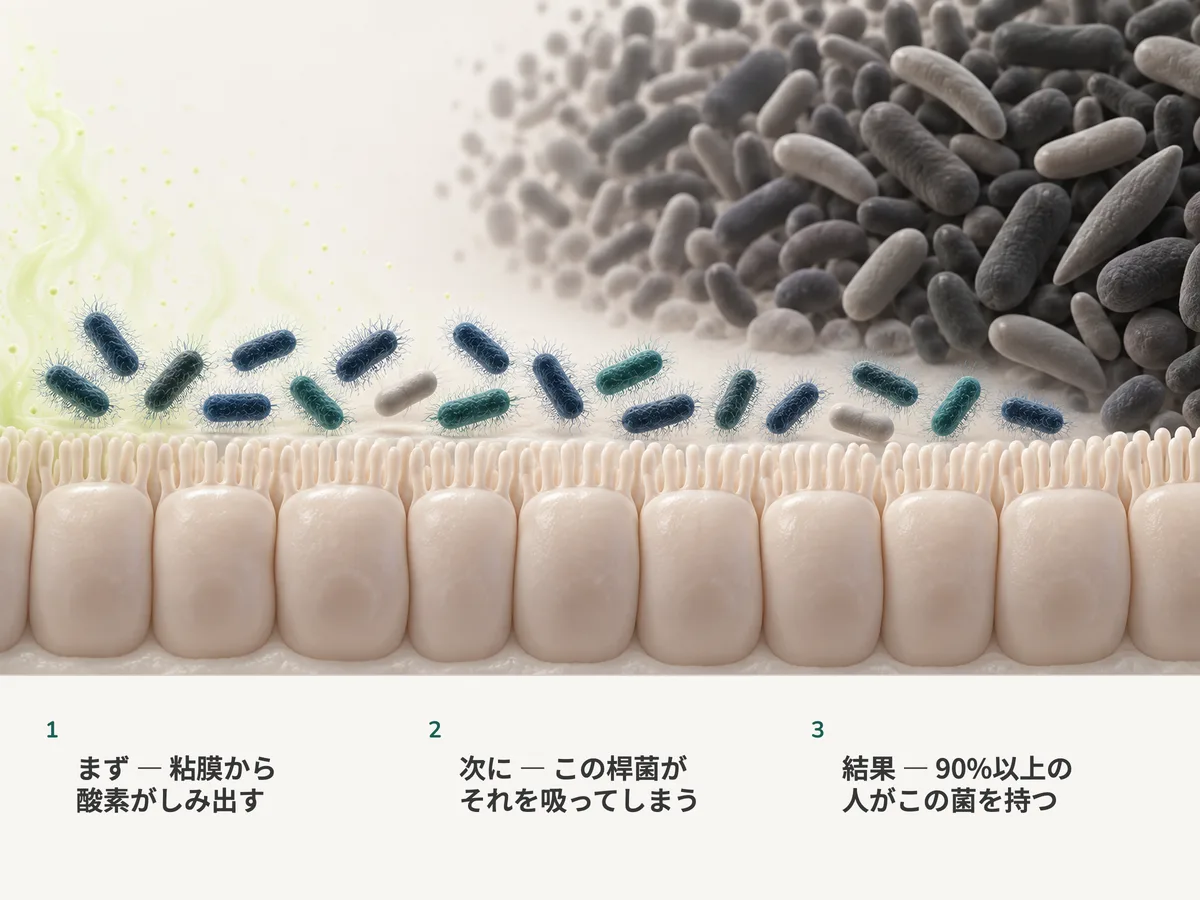 イラスト：腸の粘膜からわずかな酸素が立ちのぼり、そのそばで毛をまとった大腸菌の桿菌がそれを取り込み、その向こうでは厳密な嫌気性菌が酸素のない空間にひしめいている