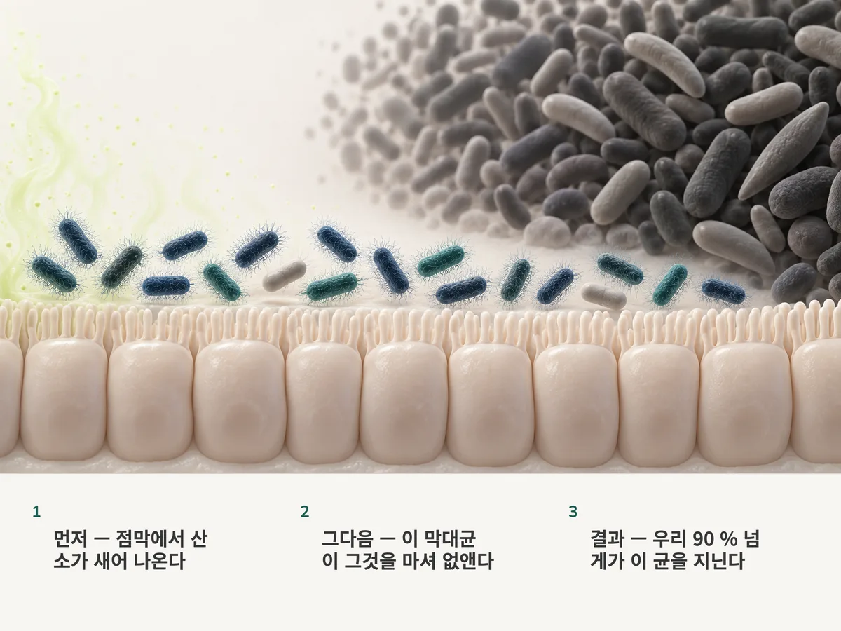 일러스트: 장 점막에서 산소의 흔적이 올라오고 그 곁의 술 달린 E. coli 막대균이 그것을 받아들이며, 그 너머 공기 없는 공간에는 절대혐기성균이 빽빽하다