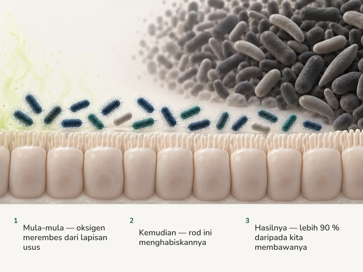 Ilustrasi: kesan oksigen naik daripada lapisan usus, rod E. coli berjurai di sisinya mengambilnya, dan di sebalik mereka anaerob ketat berhimpit dalam ruang tanpa udara