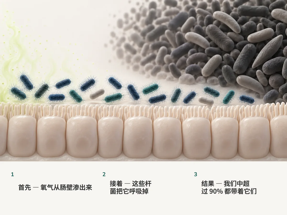 插画：微量的氧气从肠壁升起，旁边带细丝的大肠杆菌把它们吸走，再往里，严格厌氧菌挤满了无氧的空间