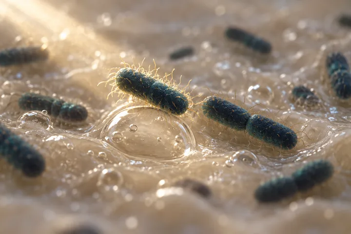 Ilustración: células de E. coli con forma de bastón orladas de hilos finos junto a una burbuja de gas en el contenido húmedo del intestino, un hilo encendido en dorado