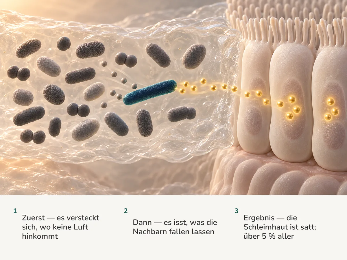 Illustration: unter zwanzig Darmbakterien in luftlosem Schleim nimmt ein schlankes Stäbchen die Reste seiner Nachbarn auf und gibt goldene Butyrat-Kügelchen ab, die in die Dickdarmschleimhaut übergehen