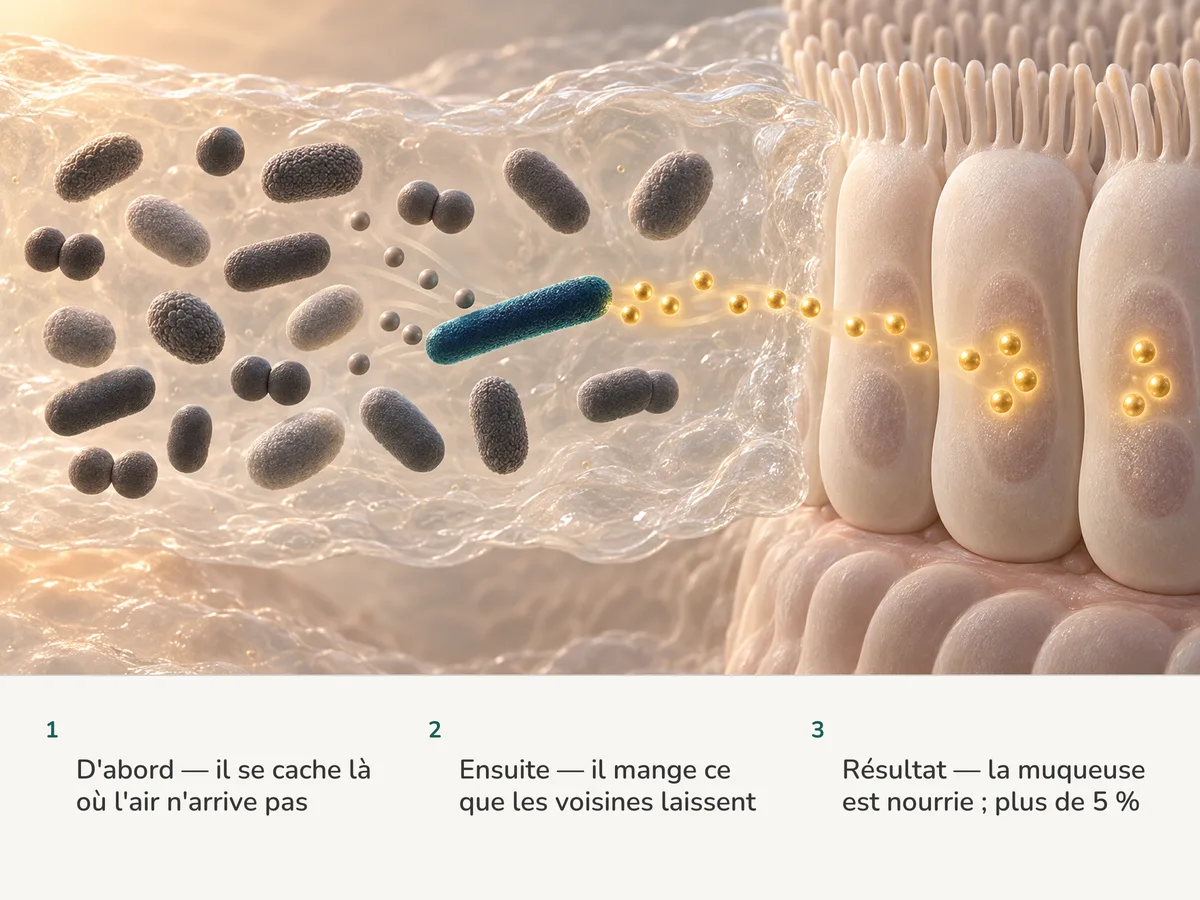 Illustration : parmi vingt bactéries intestinales dans un mucus sans air, un bâtonnet élancé prend les restes de ses voisines et libère des perles dorées de butyrate qui passent dans la muqueuse du côlon