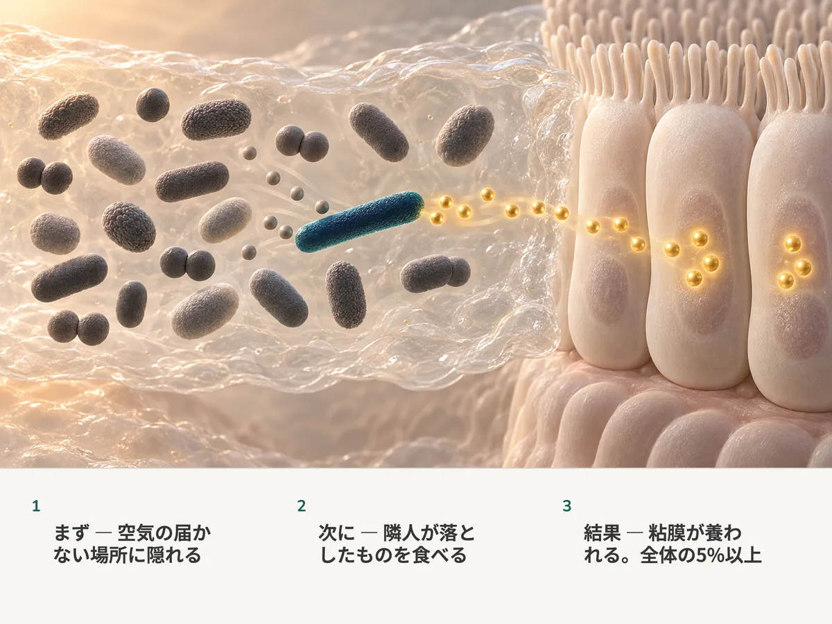 イラスト:空気のない粘液の中にいる20個の腸内細菌のうち、一本の細い桿菌が隣人たちの食べ残しを取り込み、金色の酪酸の粒を放って大腸の粘膜へ渡している