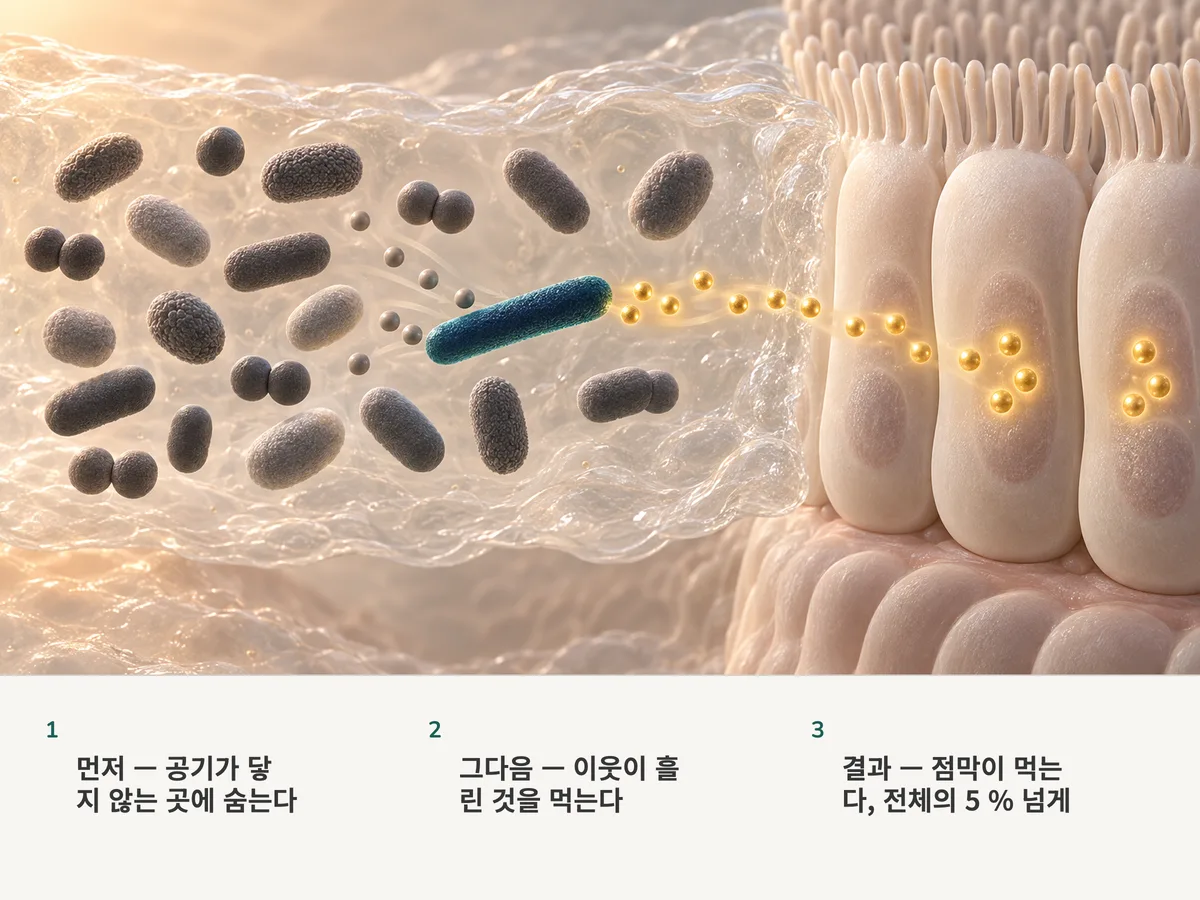 일러스트: 공기가 닿지 않는 점액 속 스무 마리 장내 세균 사이에서 가느다란 막대 하나가 이웃들이 남긴 것을 받아먹고 금빛 부티르산 알갱이를 내놓아 그것이 대장 점막으로 들어간다