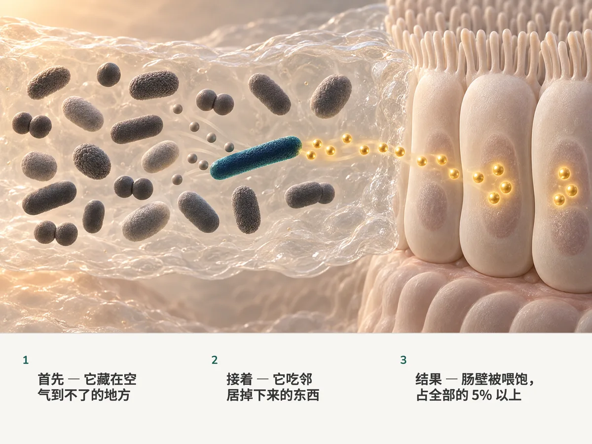 插画:在无氧黏液里的二十个肠道细菌中,一根细长的杆菌吸走邻居剩下的东西,释放出金色的丁酸颗粒,进入结肠内壁