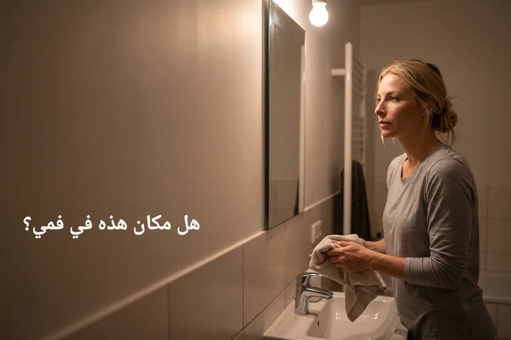 هل مكان هذه في فمي؟ — امرأة تجفّف يديها عند مغسلة الحمّام في وقت متأخر من الليل
