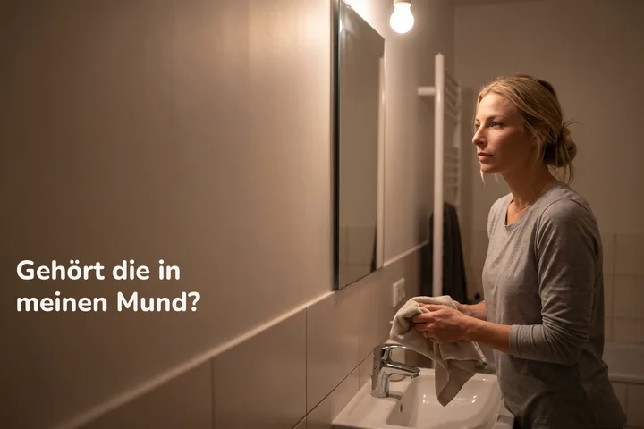 Gehört die in meinen Mund? — eine Frau trocknet sich spätabends die Hände am Waschbecken im Bad