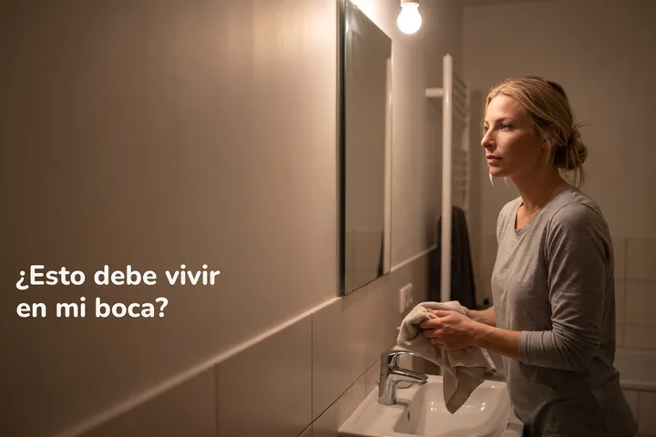 ¿Esto debe vivir en mi boca? — una mujer se seca las manos en el lavabo del baño ya entrada la noche