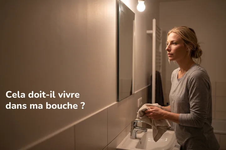 Cela doit-il vivre dans ma bouche ? — une femme s'essuie les mains au lavabo de la salle de bains, tard le soir