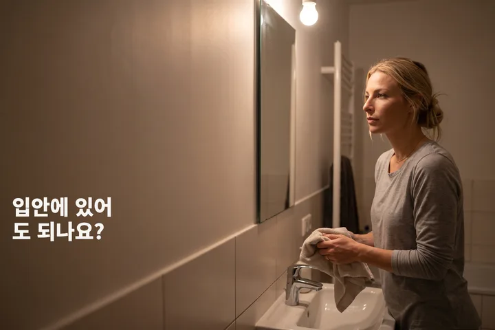 입안에 있어도 되나요? — 한 여자가 늦은 밤 욕실 세면대에서 손을 닦고 있다
