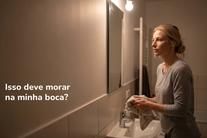 Isso deve morar na minha boca? — uma mulher enxuga as mãos na pia do banheiro tarde da noite