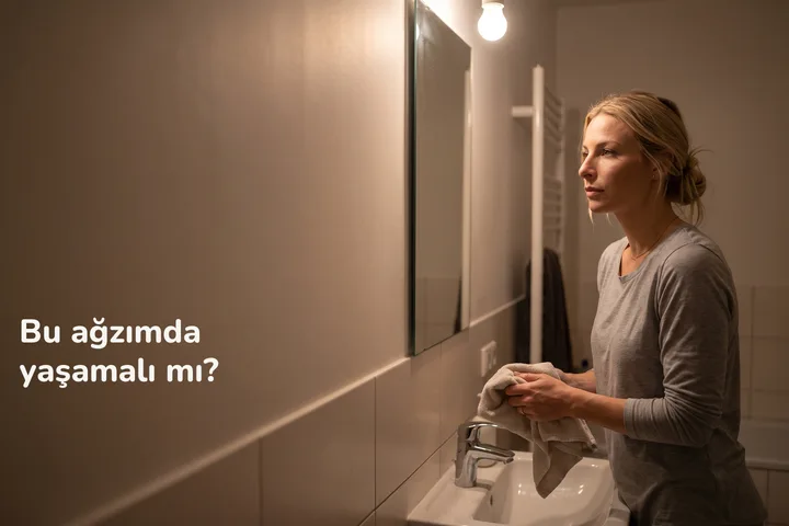 Bu ağzımda yaşamalı mı? — gece geç saatte banyo lavabosunda ellerini kurulayan bir kadın