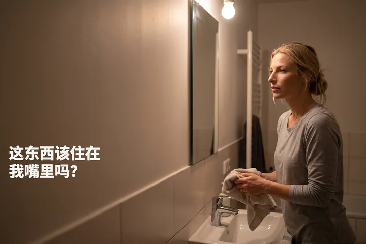 这东西该住在我嘴里吗？ — 一位女性深夜在盥洗池边擦干双手