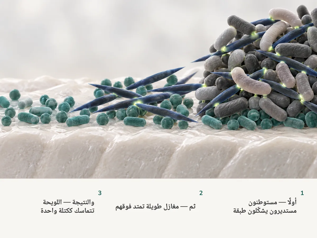 رسم توضيحي: مستوطنون أوائل مستديرون يشكّلون طبقة على سطح معدني، وخلايا مغزلية طويلة تمتد فوقها، وخلايا لاحقة بأشكال أخرى تتشبّث بها في مجتمع واحد مرتّب