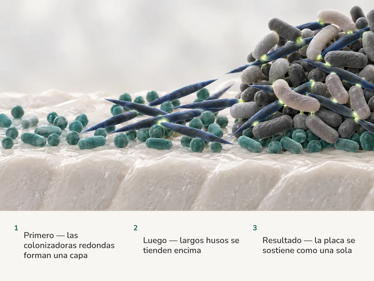 Ilustración: colonizadoras redondas forman una capa sobre una superficie mineral, largas células con forma de huso se tienden encima y células posteriores de otras formas se sujetan a ellas hasta armar una comunidad ordenada