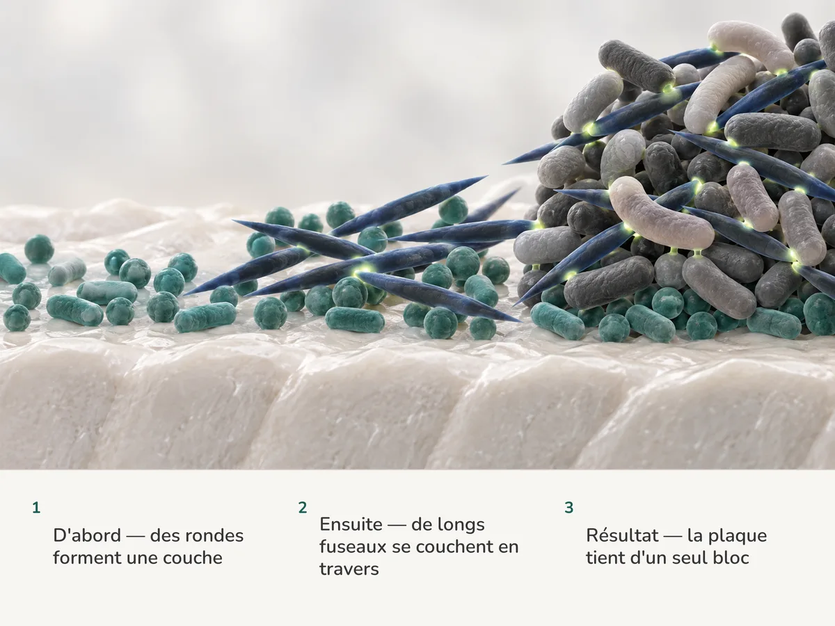 Illustration : des colonisatrices rondes forment une couche sur une surface minérale, de longues cellules en fuseau se couchent en travers, et des cellules d'autres formes s'y accrochent ensuite pour ne faire qu'une communauté ordonnée
