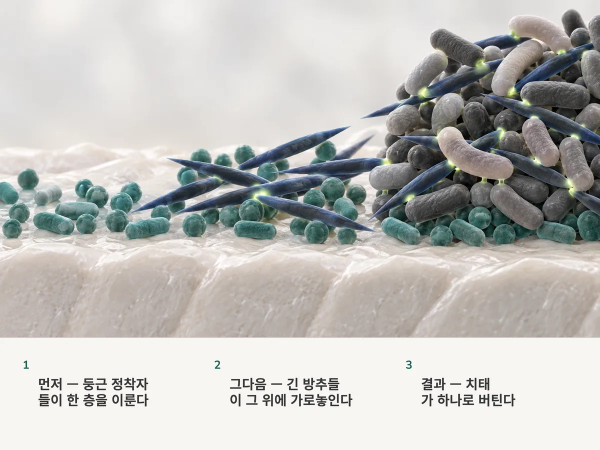 일러스트: 둥근 초기 정착자들이 광물 표면에 한 층을 이루고 그 위로 긴 방추 모양 세포들이 가로놓이며, 뒤이어 온 다른 모양의 세포들이 그것을 따라 붙어 하나의 질서 잡힌 군집이 된다