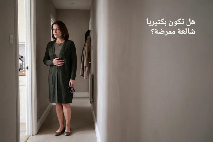 هل تكون بكتيريا شائعة ممرضة؟ — امرأة تتوقّف في ممرّ بيتها بعد الغداء ويدها مبسوطة تحت أضلاعها