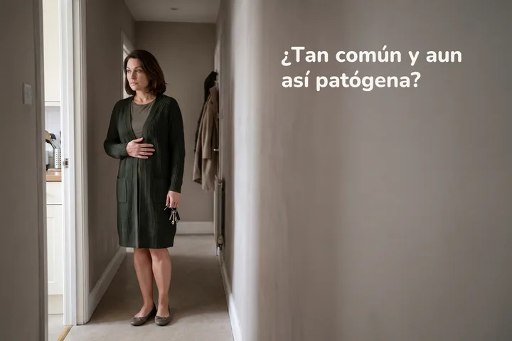 ¿Tan común y aun así patógena? — una mujer se detiene en el pasillo tras comer, la mano plana bajo las costillas