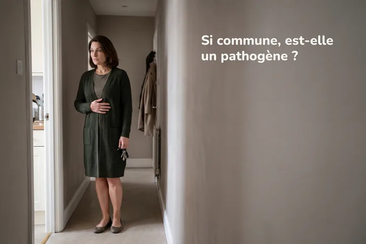 Si commune, est-elle un pathogène ? — une femme s'arrête dans son couloir après le déjeuner, la main à plat sous les côtes