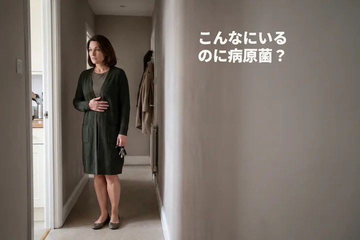 こんなにいるのに病原菌? — 昼食のあと、女性が廊下で足を止め、肋骨の下に手を当てている